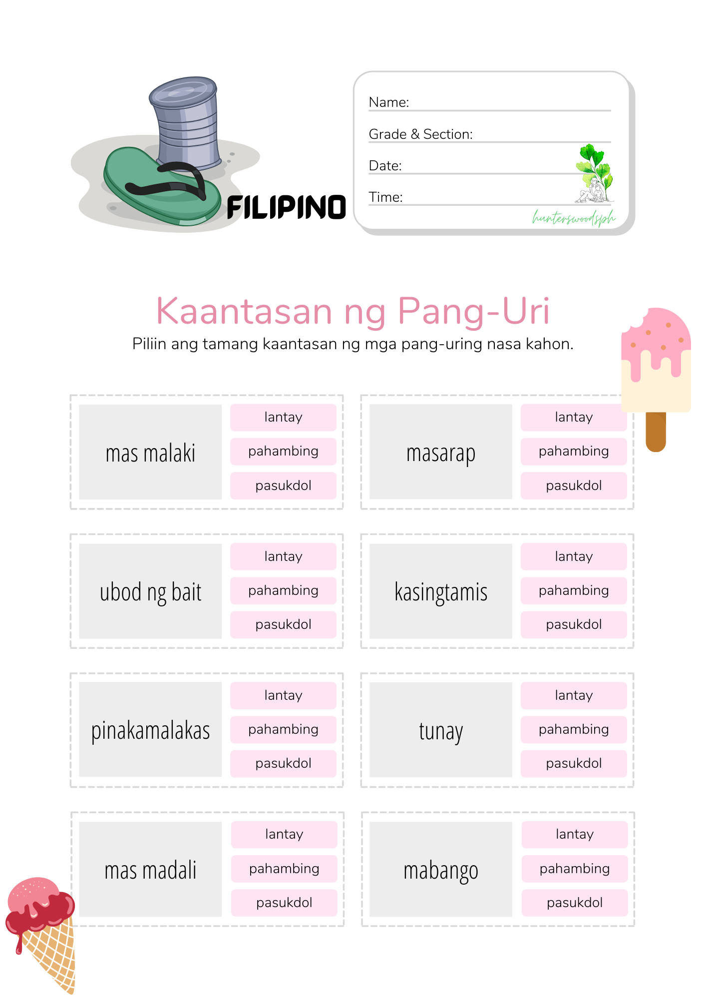 Kaantasan Ng Pang-Uri - HuntersWoodsPH Filipino Worksheets