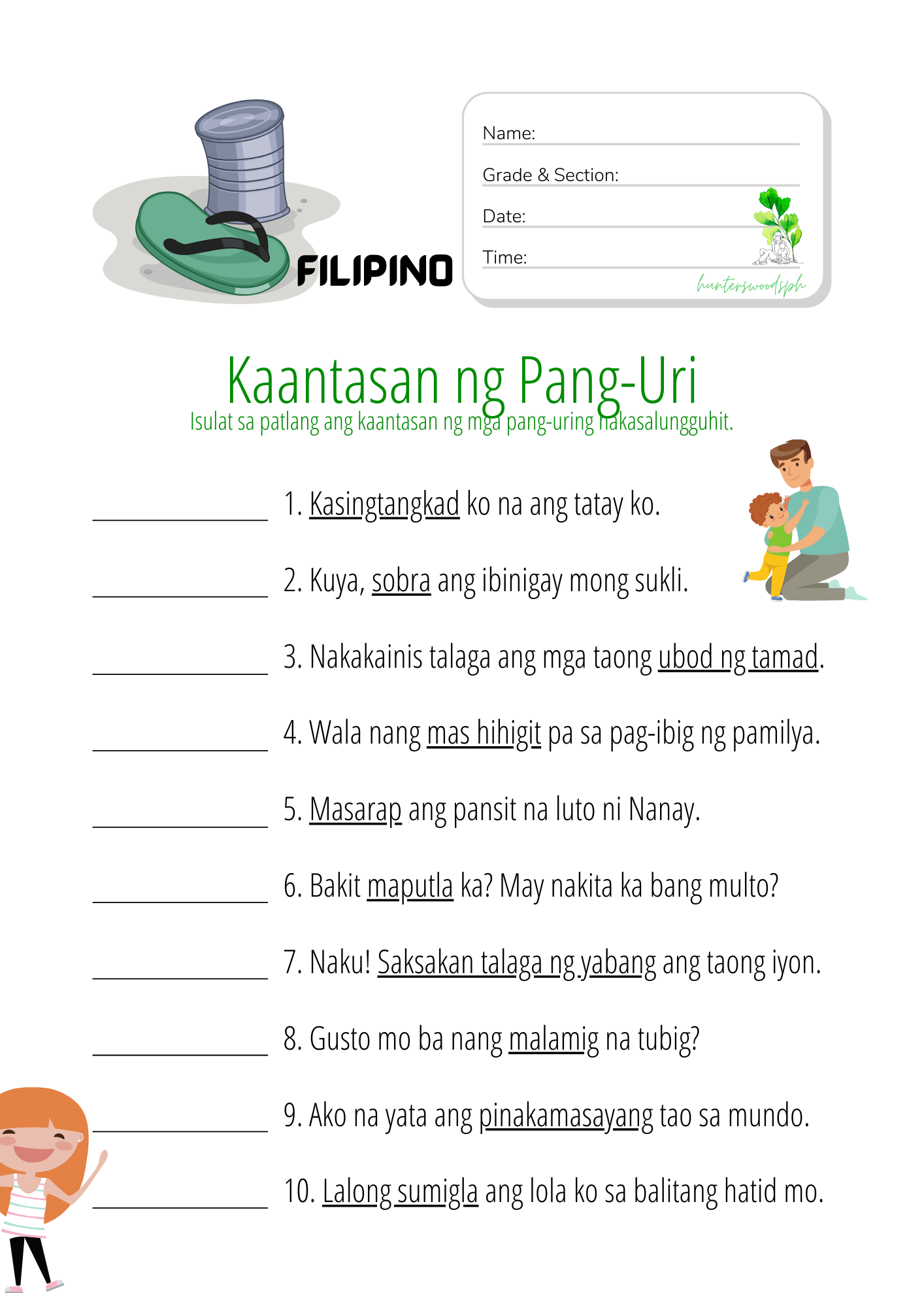 Kaantasan Ng Pang-Uri - HuntersWoodsPH Filipino Worksheets