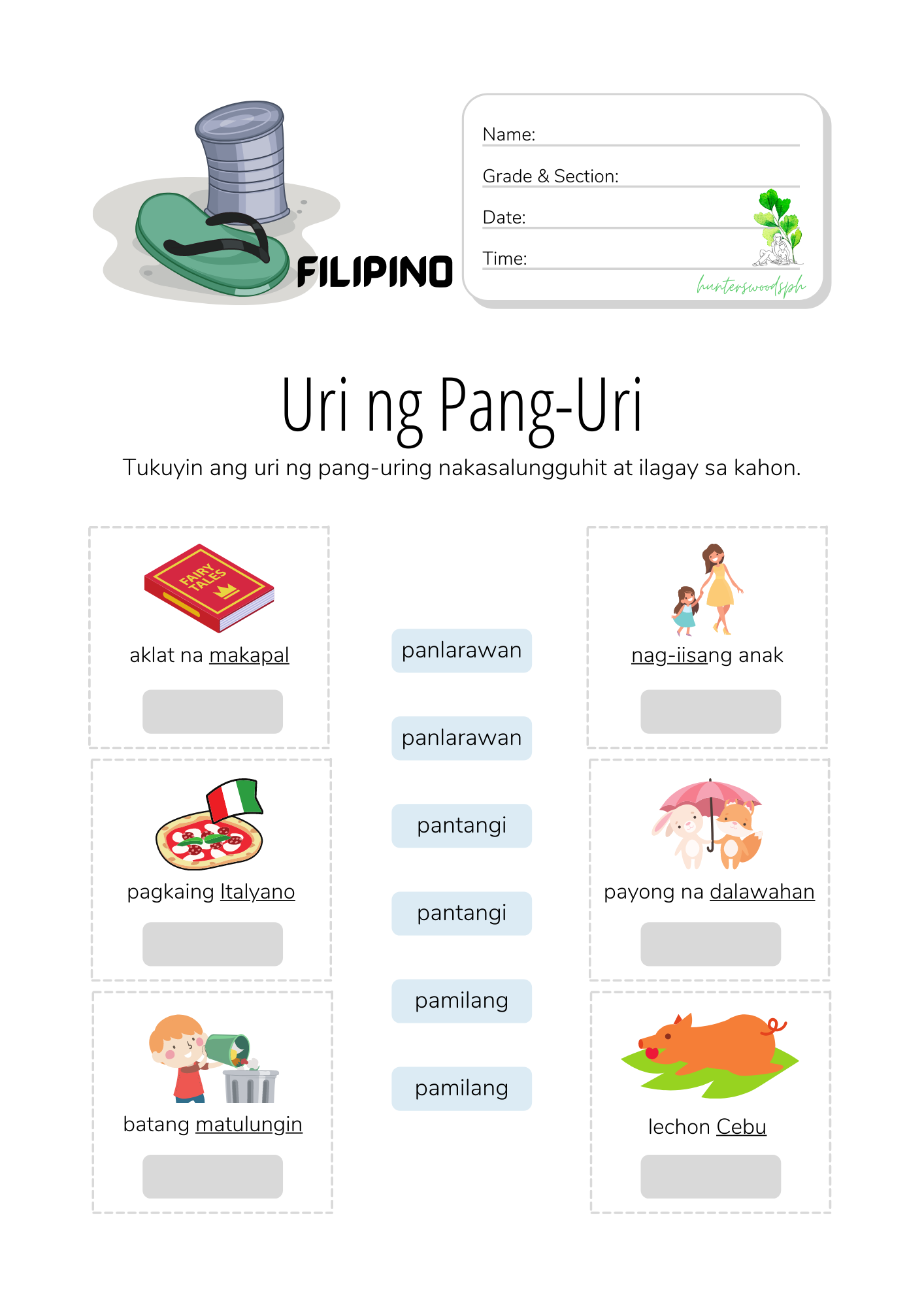 Mga Uri Ng Pang-uri - HuntersWoodsPH Filipino Worksheets