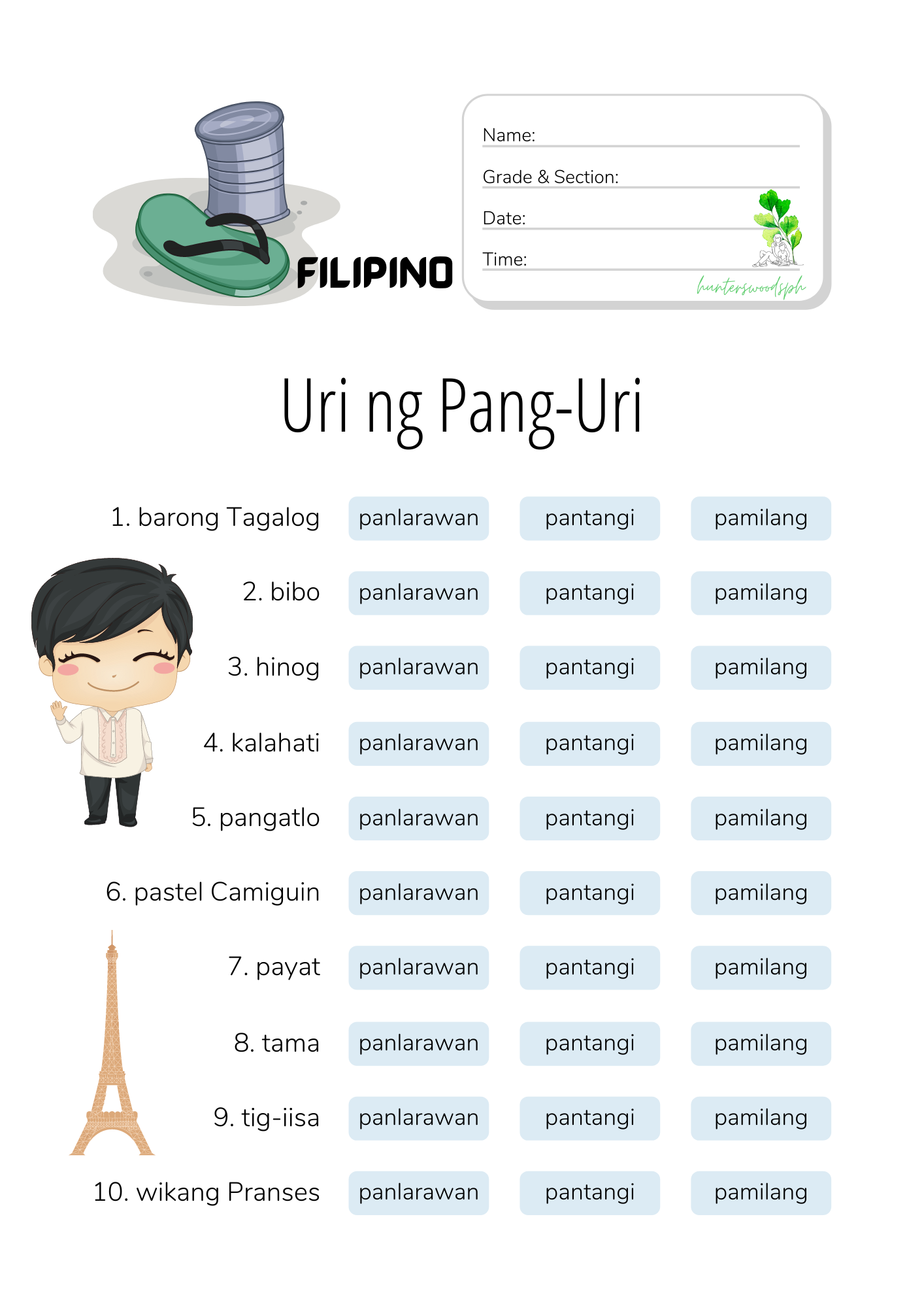 Mga Uri Ng Pang-uri - HuntersWoodsPH Filipino Worksheets